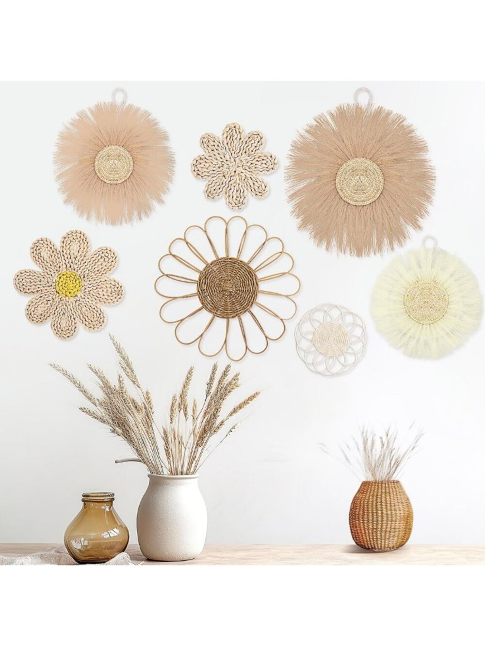 Boho 7-Piece Rattan Wall Basket Decor Set - Light Beige & Yellow Flower Accent